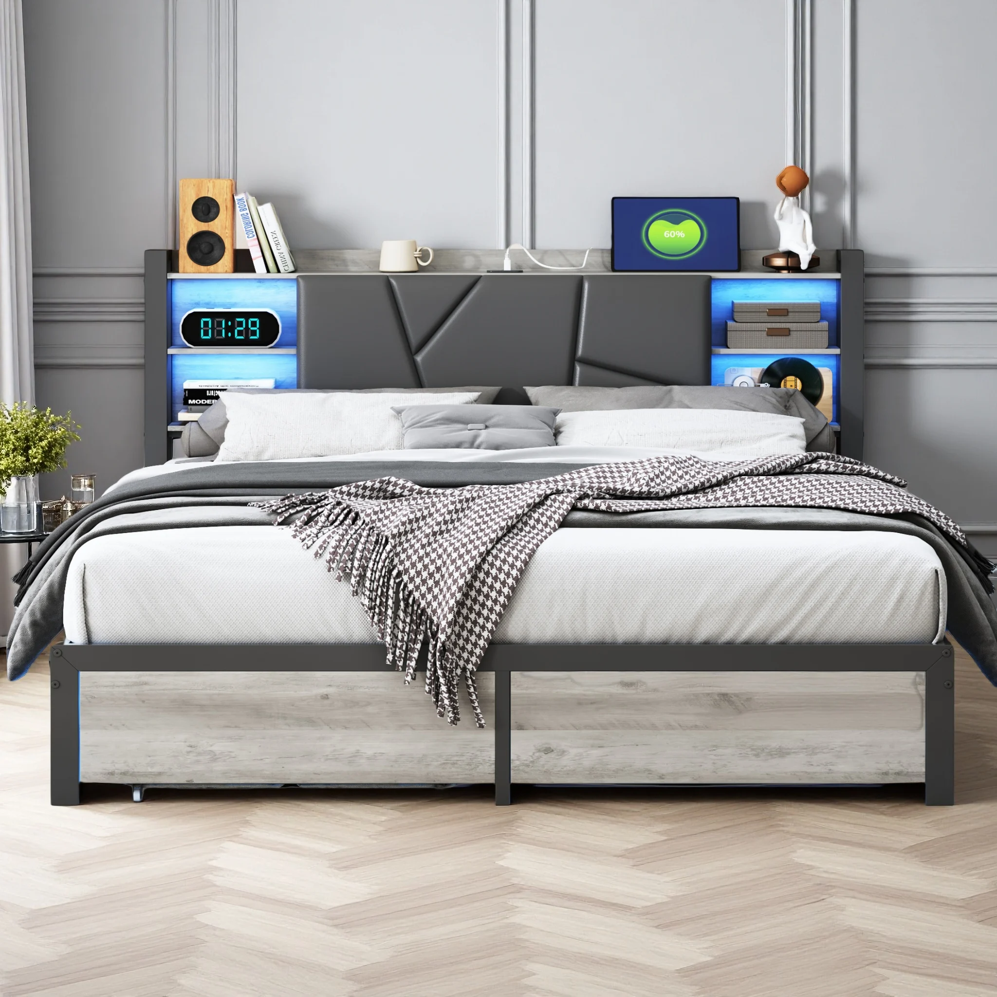 Letto matrimoniale Superaly 140x200 con 2 cassetti, letto in metallo con vano contenitore, struttura letto con testiera contenitore, letto contenitore con rete a doghe, letto per ragazzi, legno PU,