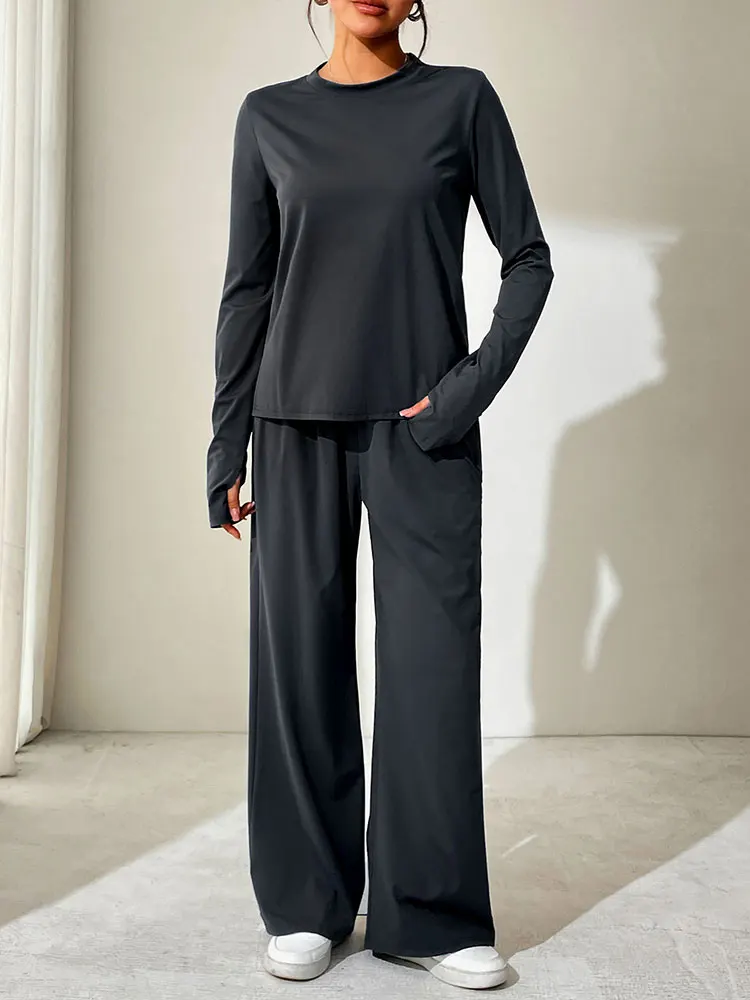 

Women's Long Sleeves T-shirt Spring New Fashion Trousers 2 Piece Streetwear O-Neck Tees Solid Sexy Female Casual Slim Clothing