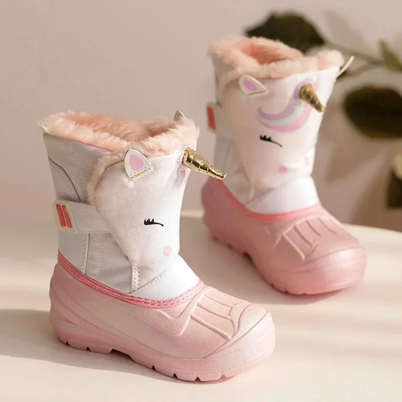 Bottes de neige d'hiver pour enfants, bottes de princesse montantes pour filles et garçons, chaussures en coton épais Anti-coup de pied, bottes de dessin animé souples et imperméables pour bébés