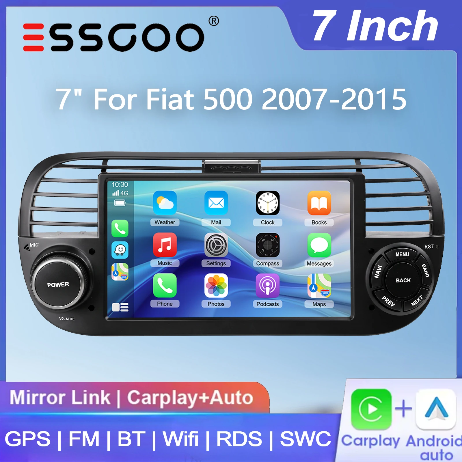 ESSGOO 7" Sistema Android 15/Wince per FIAT 500 2007-2015 Autoradio Stereo Wireless Carplay Android Auto Navigazione GPS FM Bluetooth WiFi RDS SWC Mirror Link Schermo Touch IPS Lettore Multimediale