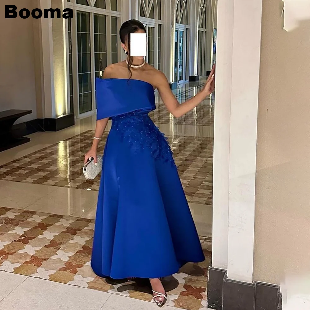 Booma A-Line Evening Dresses One Shoulder Satin Appliques Formal Occasion Gowns for Women Ankle Length Party Evening Dress