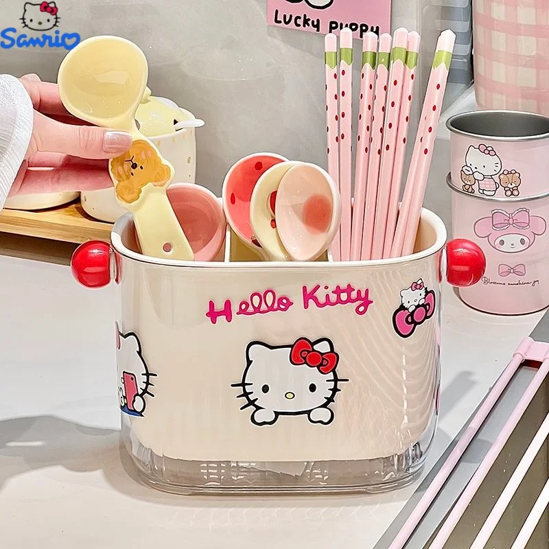 Sanrio Hello Kitty Besteckhalter mit 3 Fächern, Küchen-Aufbewahrungsbox, Niedlicher Cartoon-Besteckorganizer