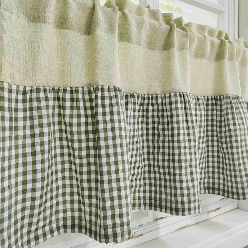 1pc Green Gingham Café Curtain, Farmhouse Checkered Short Curtain with Sheer Top, Rod Pocket Kitchen Window Curtain