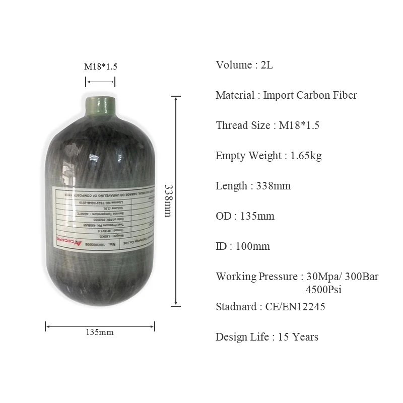 ACECARE 고압 탄소 섬유 실린더, 스쿠버 다이빙 탱크, HPA M18 * 1.5, 30Mpa, 300Bar, 4500Psi, 2L