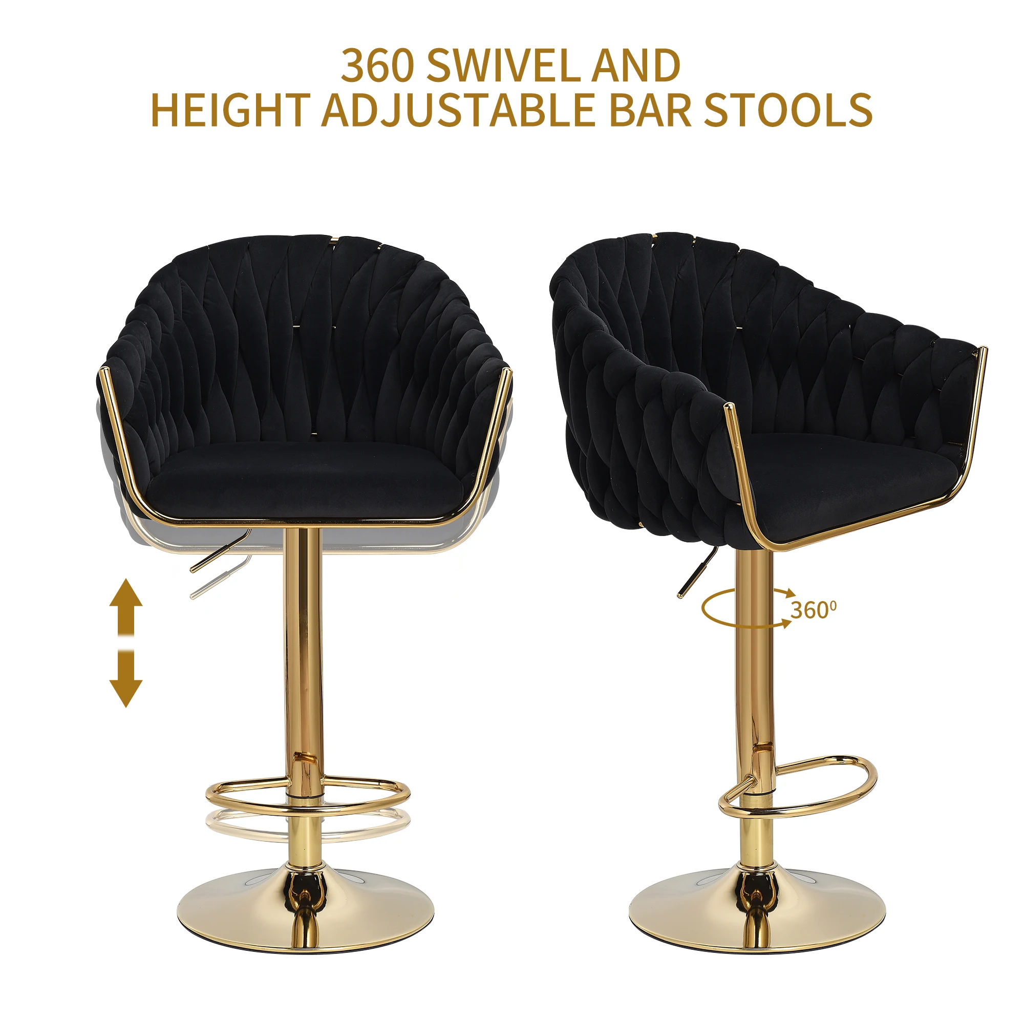 Taburete de Bar pequeño con respaldo, taburete de Bar ajustable en altura de 2 piezas, de terciopelo y Metal, Juego de 2 piezas