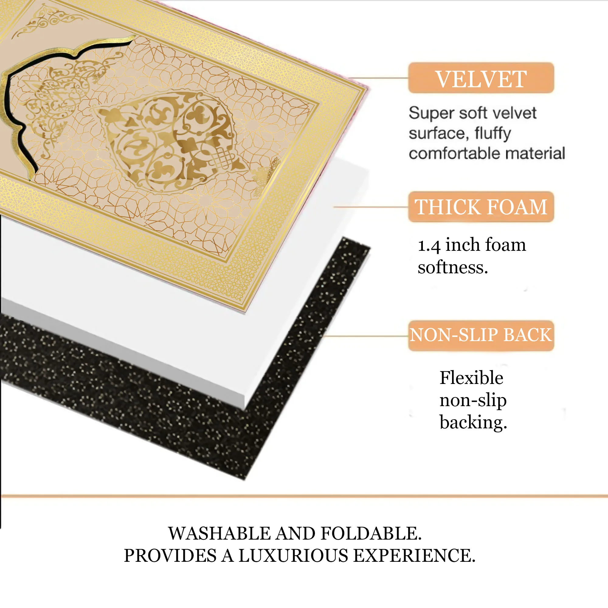 Extra Thick Foam Padded Turkish Luxury Gold Beige Prayer Rug, Yaseen, Soft Praying Mat Carpet & Pearl Tasbeeh, İslamic Gift Set