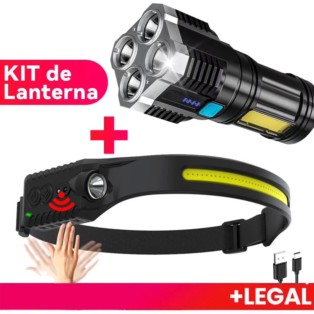 KIT de Lanterna Tatica Recarregavel + Lanterna de Cabeça Led Corpo Motion Camping Torch Light Lamp Com Usb Frete grátis