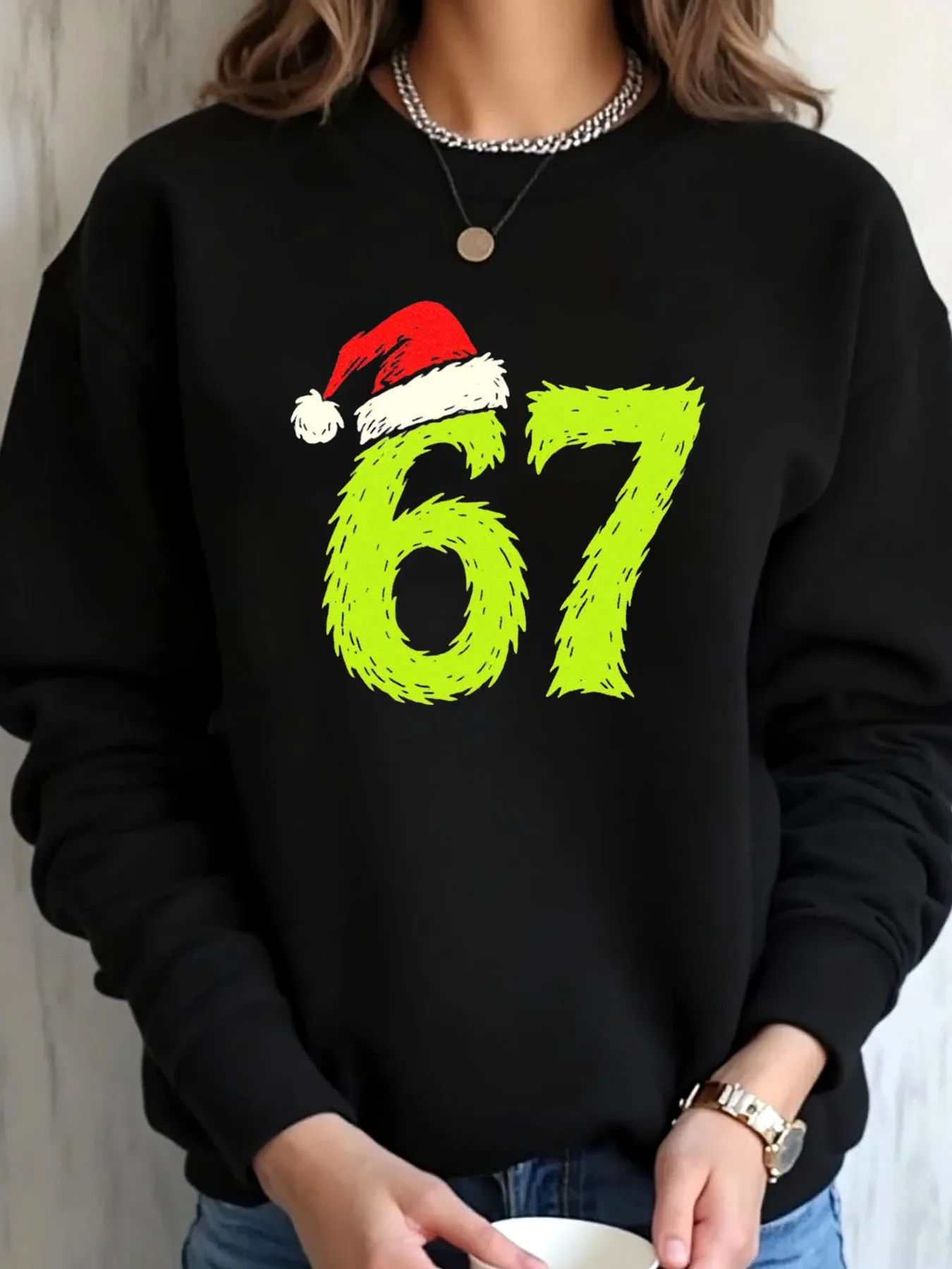 سويت شيرت نسائي مقاس كبير لعيد الميلاد 67 مطبوع ملابس خارجية، ملابس خريف وشتاء السنة الجديدة، سويت شيرت قطني، أزياء عيد الميلاد، #1