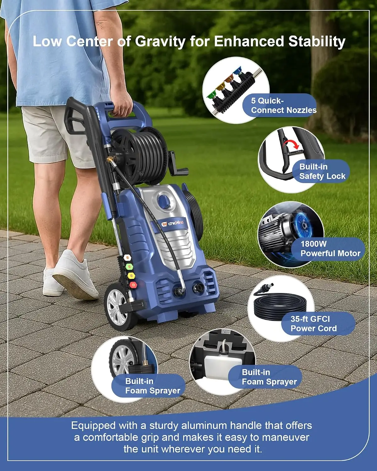2070 PSI Electric Pressure Washer, 1.67 GPM Power Washer with Hose Reel, Built-in Foam Cannon, IPX5 Waterproof, Self-Priming, 26ft Hose, 5 Nozzles, Powerwasher for Cars Driveways Home Outdoor