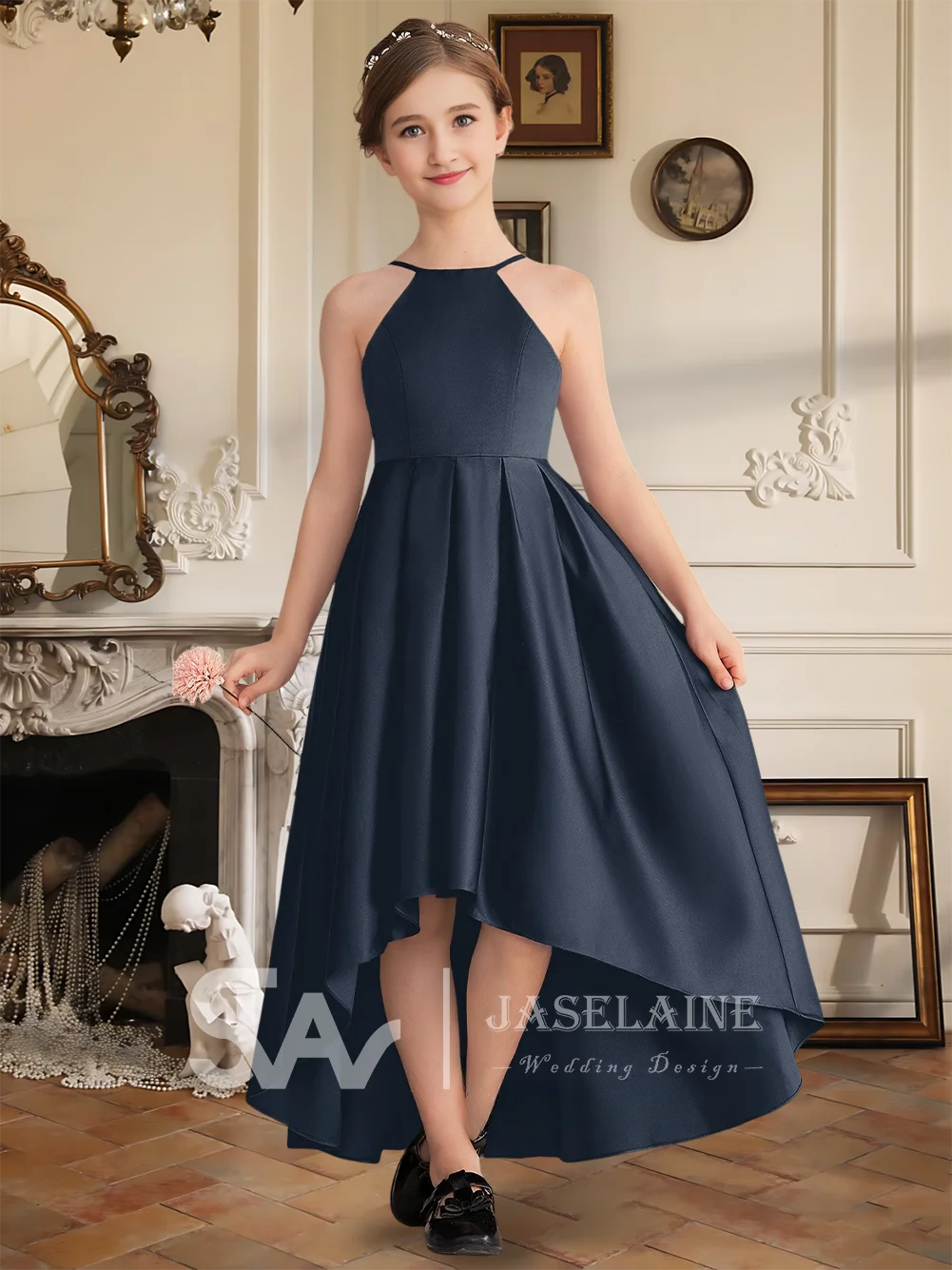 Асимметричное атласное платье трапециевидной формы с лямкой на шее для юниоров с высокой низкой юбкой, платье с цветочным узором для девочек, официальная свадьба для девочек