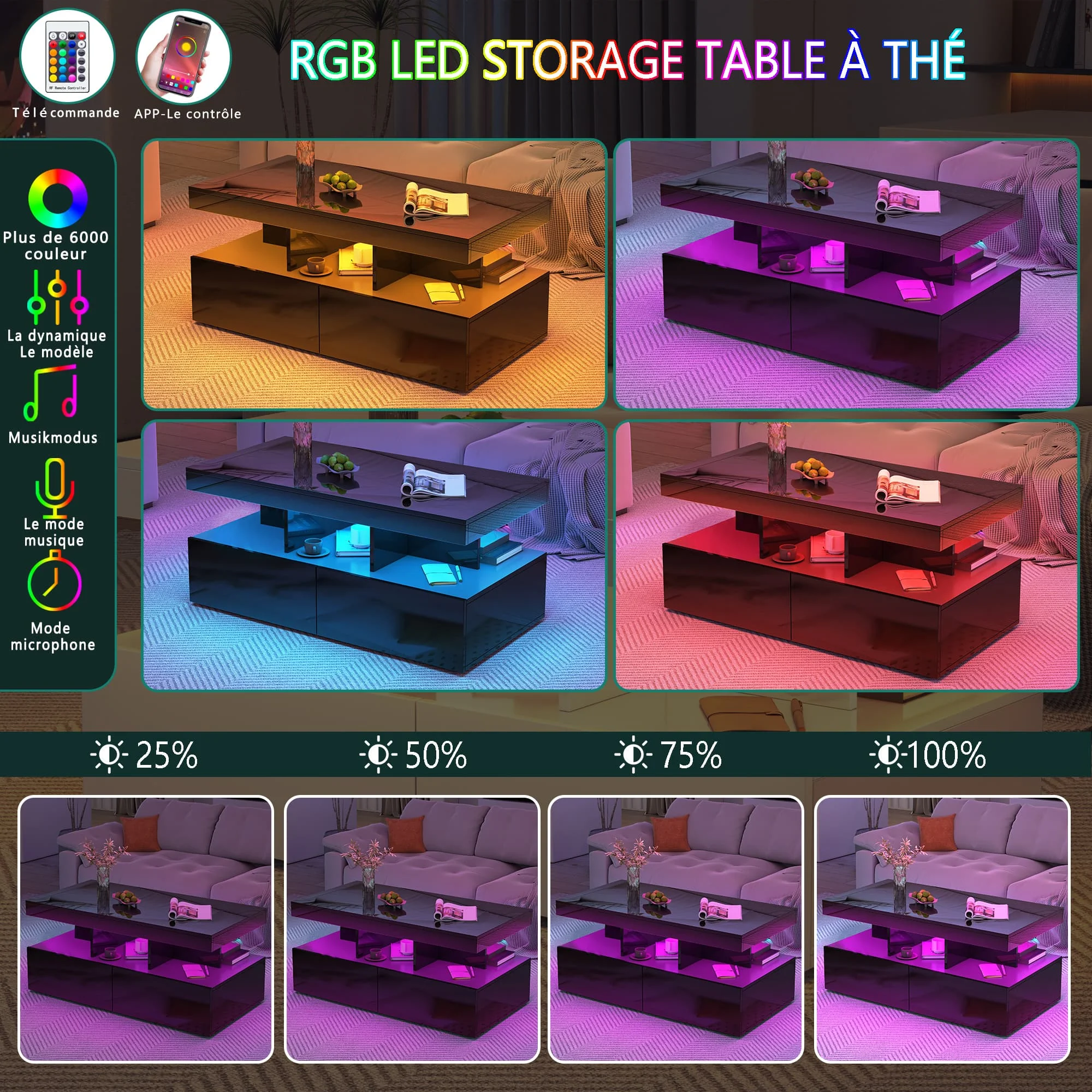 High Gloss coffee table, side table Black with LED and 2 Drawers, Modern Sofa Table with Open Shelf, 104x53x46cm
