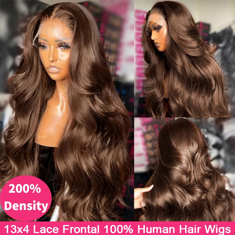 230% Density Chocolate Brown Human Hair Wigs Body Wave 13x4 Lace Front Wig Pre Plucked Brown Colored #4 Human Hair Wig For Women