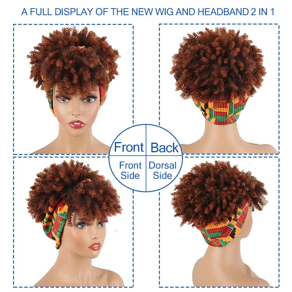 Curly Wigs for Black Women,Headband Wigs with Bangs Wrap Wig 2 in 1 Synthetic Short Afro Kinky Curly Wig with Headband Attached
