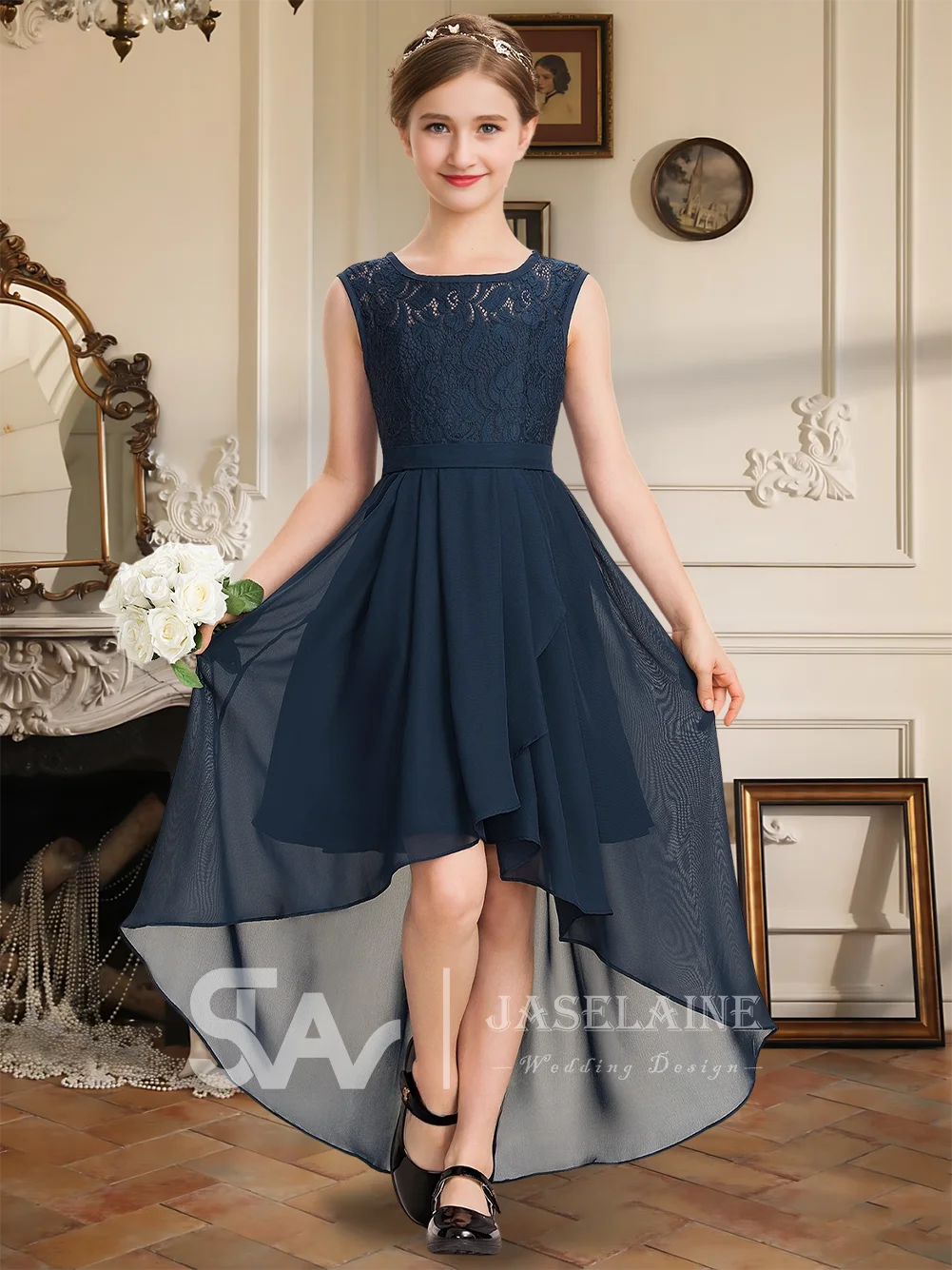 A Line Scoop Asymmetrical Lace Chiffon Junior Bridesmaid Dress With Bow Cascading Ruffles Flower Girl Dress Wedding Party Formal