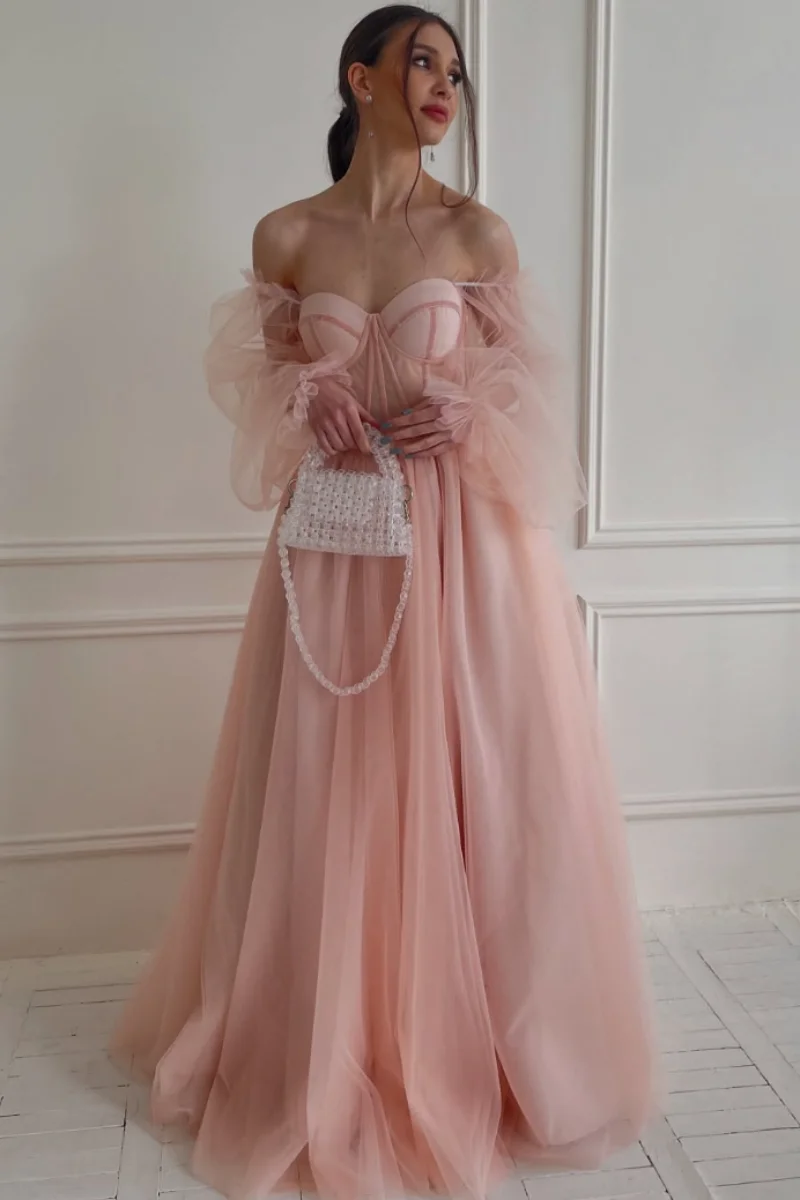 Annie Puff Long Sleeves Prom Dresses Pink Tulle Princess Evening Dresses A-line Off-shoulder Wedding Party Dresses