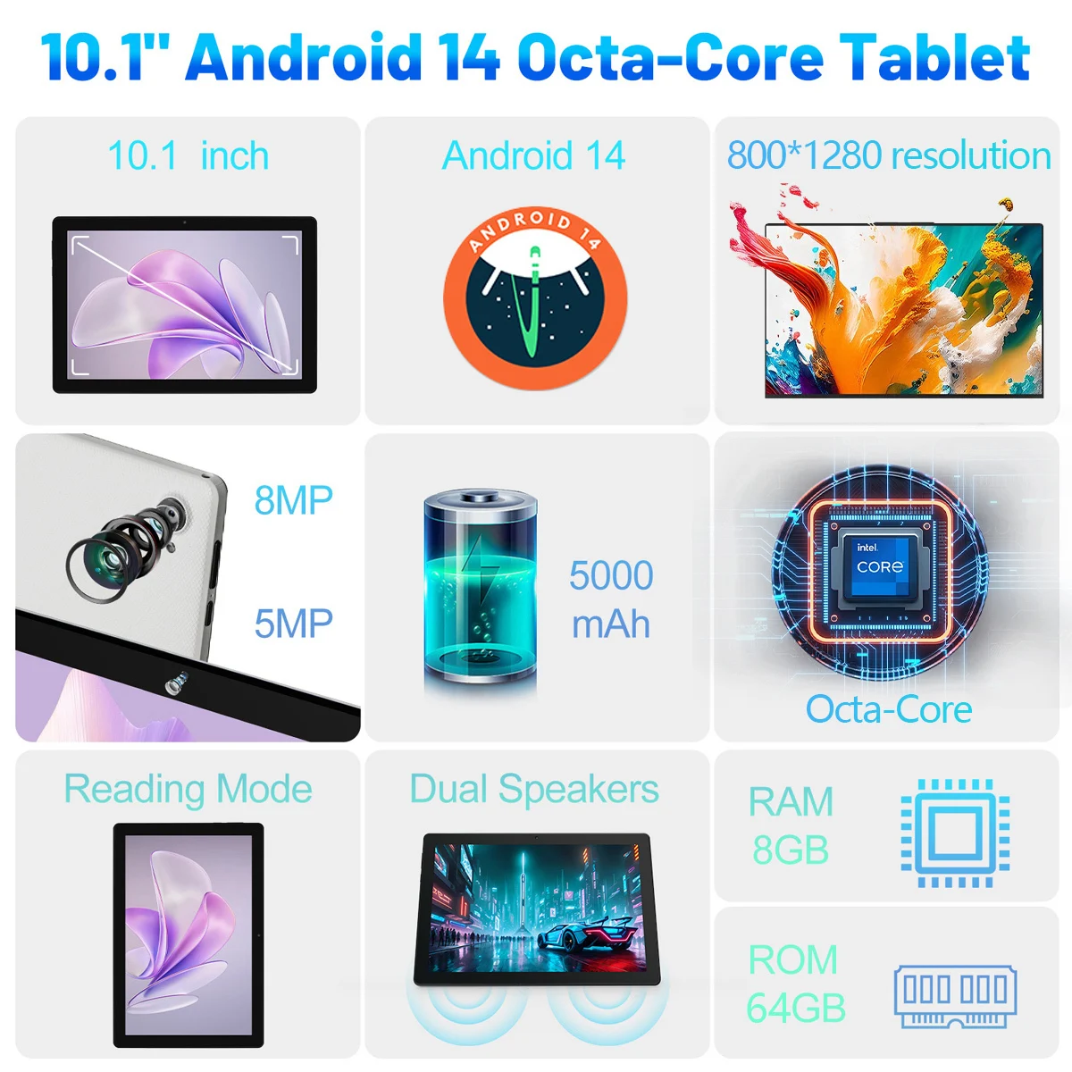 Tablet Android 14 da 10 pollici Octa-Core 8 GB + 64 GB (TF 1 TB) 1280x800 HD IPS WiFi 6 Modello Widevine L1 5000 mAh Doppia fotocamera Face Sblock PC