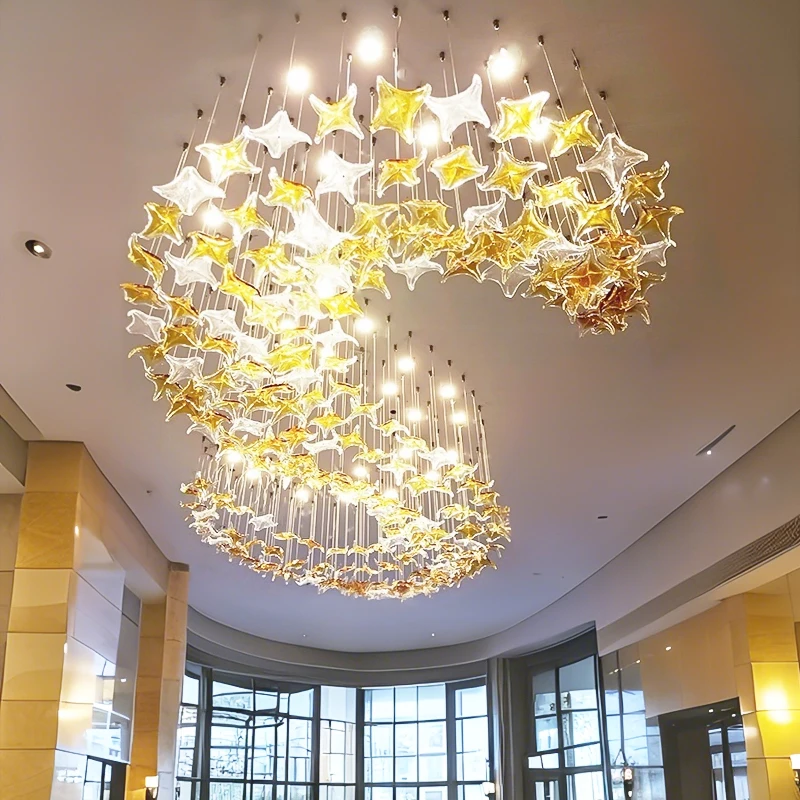 

Hotel Lobby High Ceiling Chandelier Restaurant Bar Lighting Modern Pendent Light Customable Glass Chandelier Villa Hanging Light