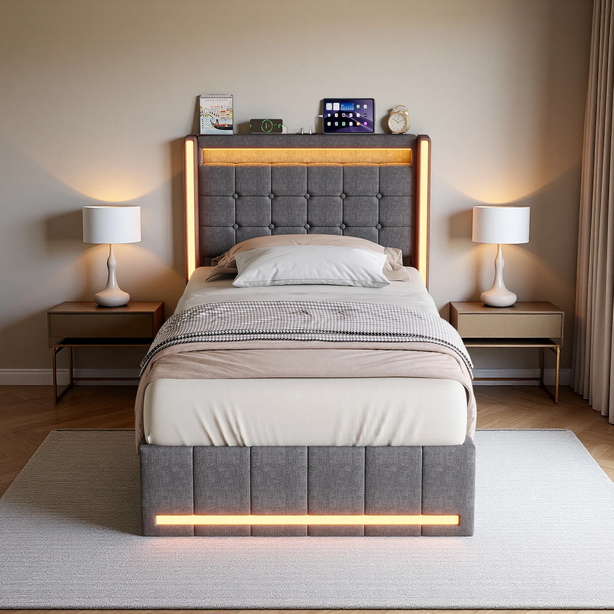 Letto imbottito Anajqaqia 90×200 cm con 2 cassetti e spazio contenitivo, letto con contenitore, letto singolo con struttura a doghe, letto per ragazzi, struttura letto, letto per bambini, tessuto in