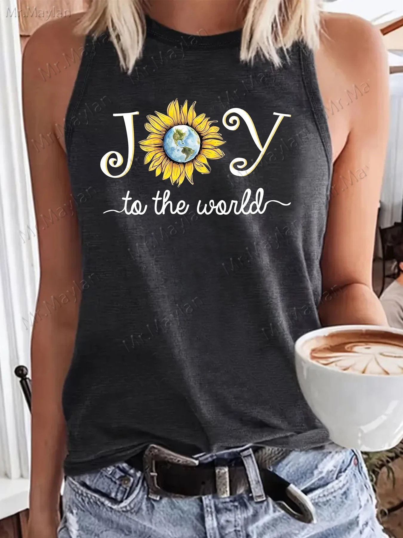 Letter Joy To The World Print Earth&Sunflower Harajuku Casual Women Tank Top Sexy O-neck Vest Tee Girl Summer Black Clothe S-168