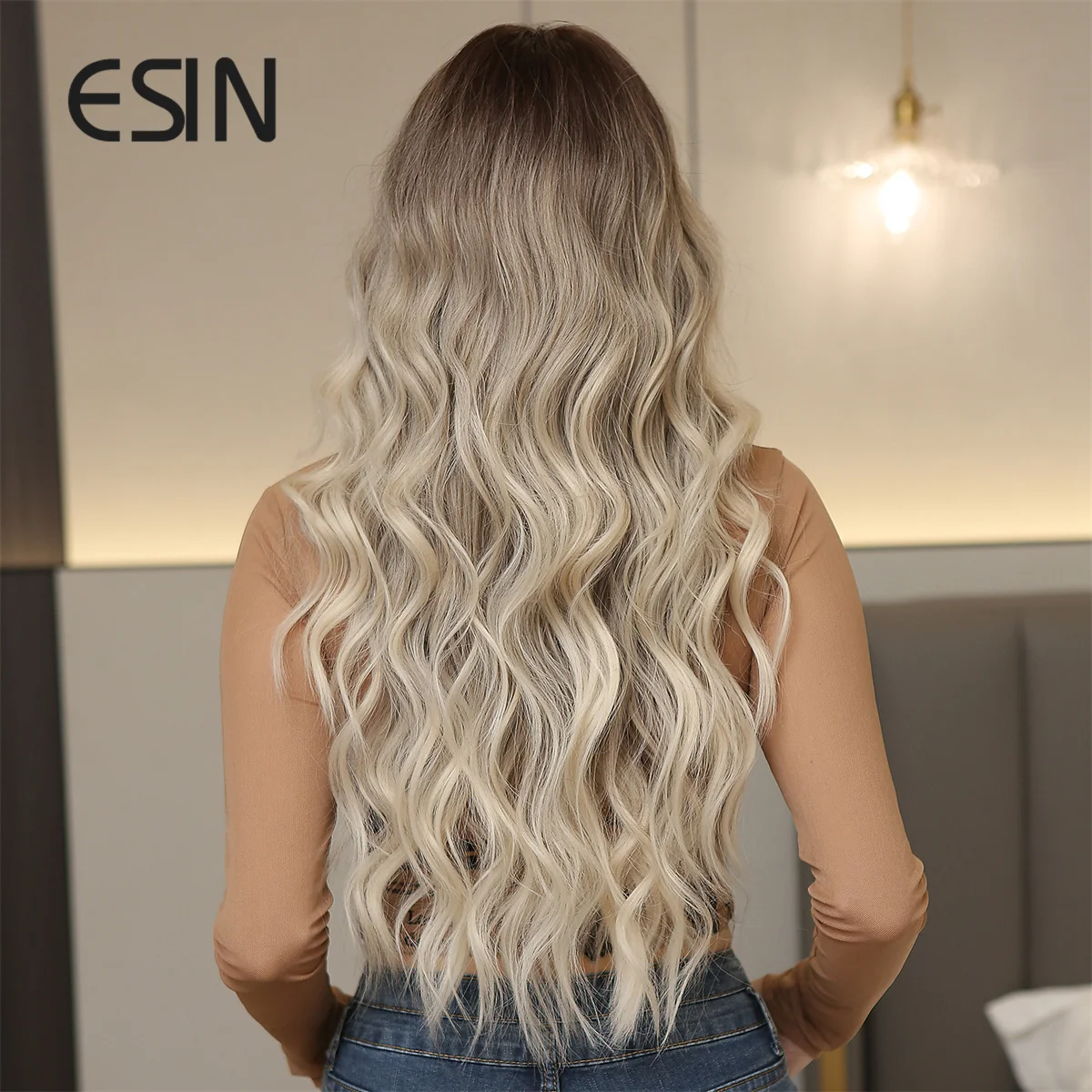 ESIN Long Wavy Wigs with Bangs Ombre Brown Blonde Synthetic Wig Daily Cosplay Party Use Heat Resistant Fiber Hair for Women image 4
