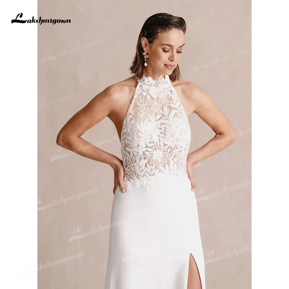 Lakshmigown sexy fendas laterais alta pescoço sem costas botão chiffon sereia vestido de casamento personalizado boho vestido de noiva novia