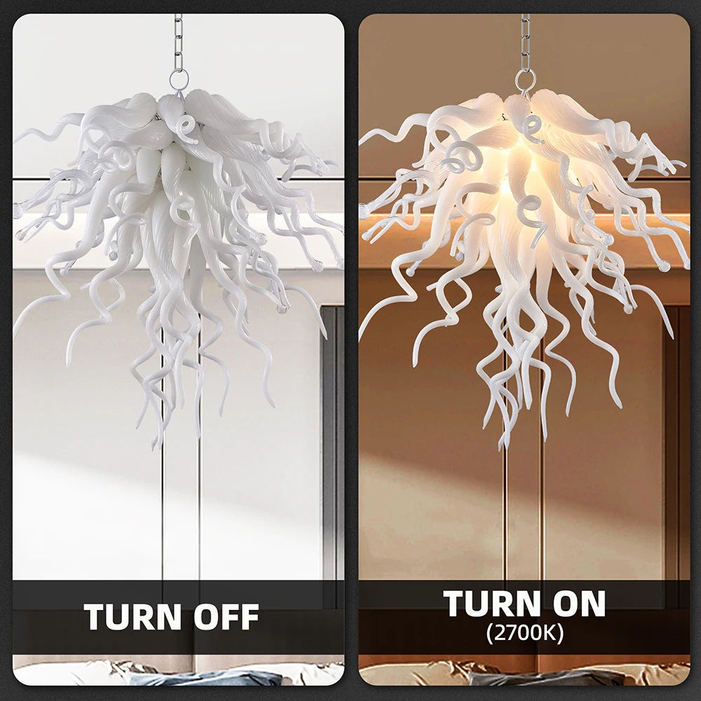 Longree Murano Glass Chandelier White Color Chihuly Style Hand Blown Glass Pendant Chandelier Hanging Lamps for Living Room