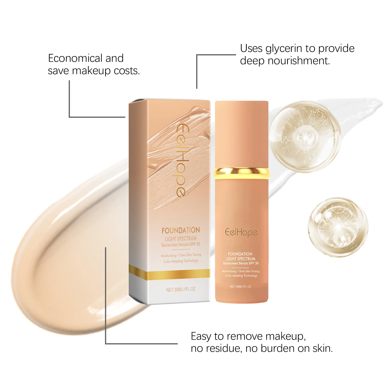 EELHOPE-base Facial con textura ligera líquida, corrector perfecto, tono de piel brillante, base Facial hidratante no pegajosa