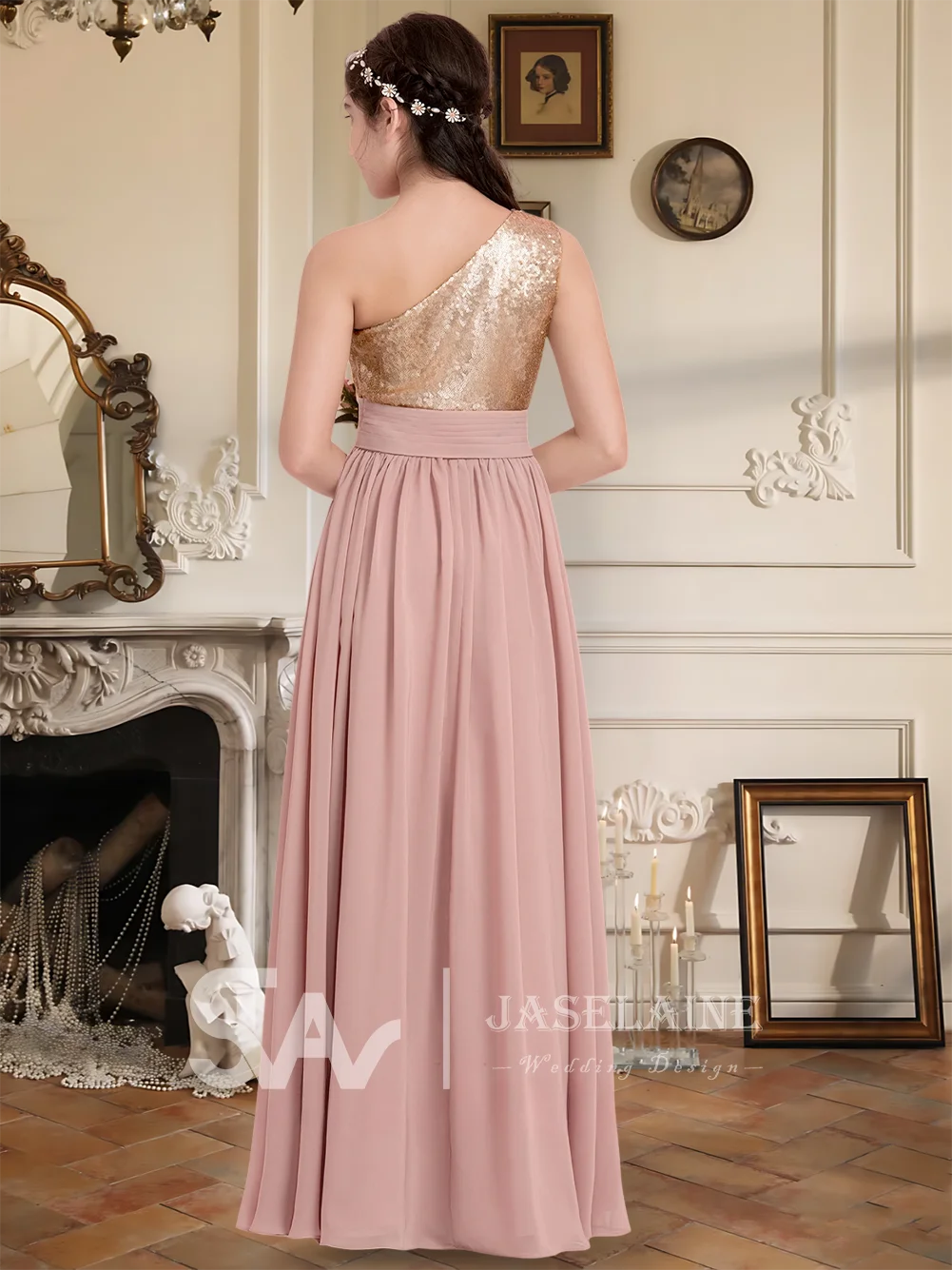 C Elegant A-Line One Shoulder Floor-Length Chiffon Sequin Junior Bridesmaid Dress Flower Girl Dress Girls Wedding Party Formal