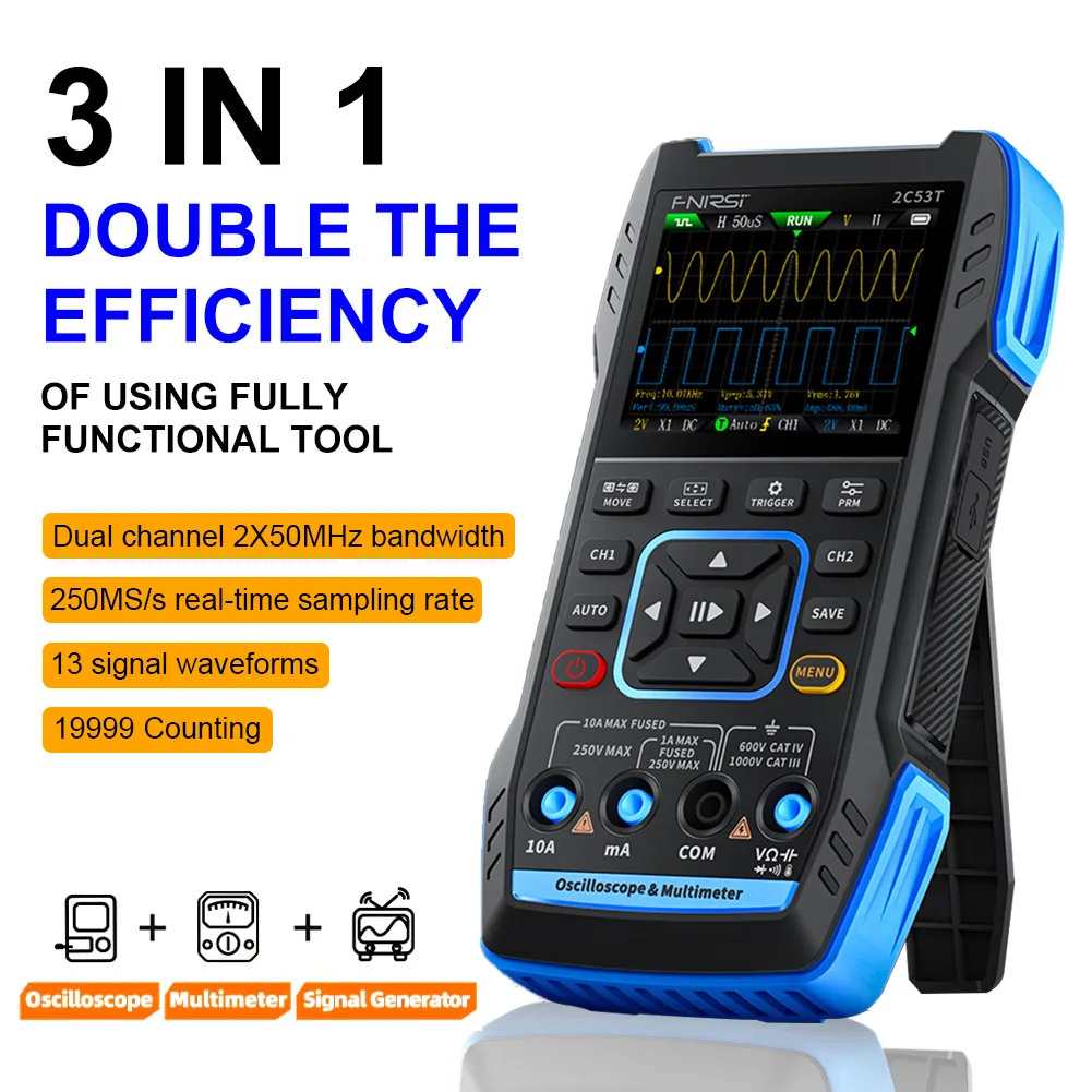 FNIRSI 2C53T (2C23T Upgrade) 3in1 Oscilloscope Multimeter Signal Generator 50MHz Bandwidth 250MS Rate Dual Channel 20000 Counts