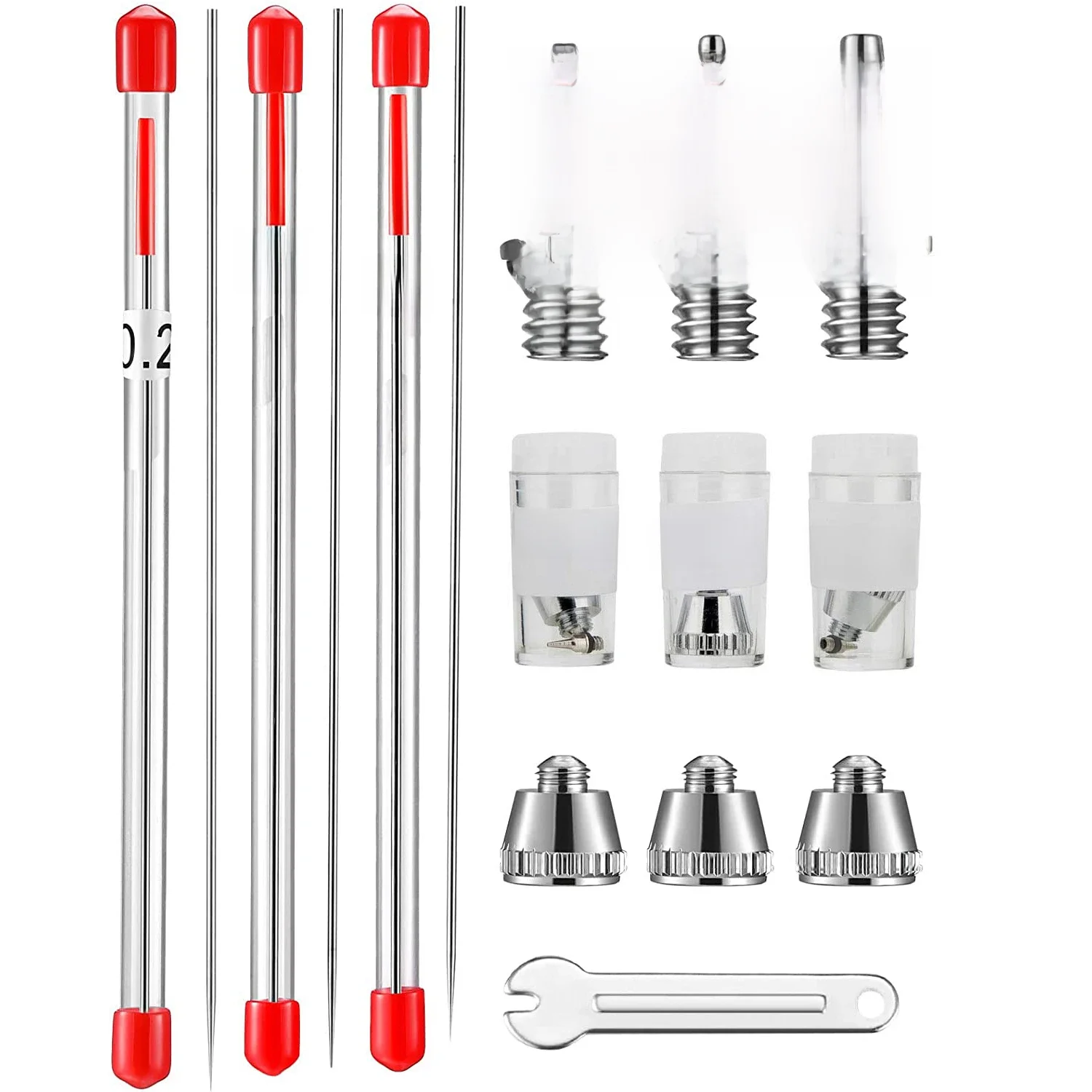 10-Piece Airbrush Nozzle Needle Nozzle Cap Kit, with Wrench Airbrush Replacement Parts, for Airbrush Sprayer Accessories, 0.2mm, 0.3mm, 0.5mm, Suitable for -130, -132, -133, -134, -136, -137 Series