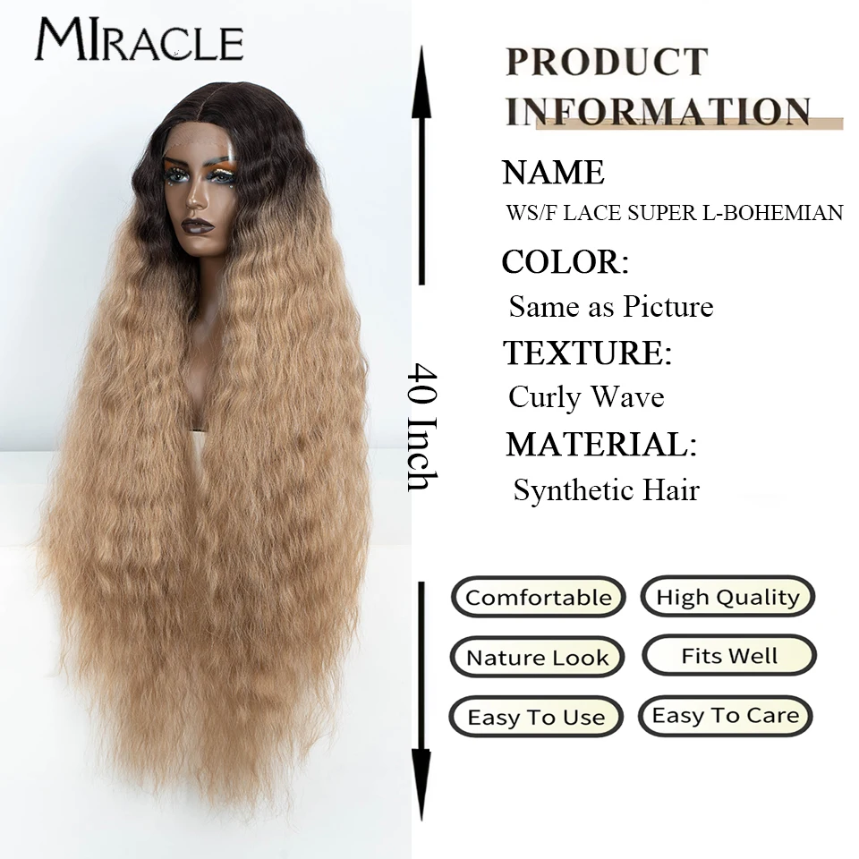 MIRACLE Synthetic Lace Front Wig For Women 40Inch Cosplay Wig Super Long Wavy Lace Wig Heat Resistant Ombre Blonde Wig Curly Wig image 3