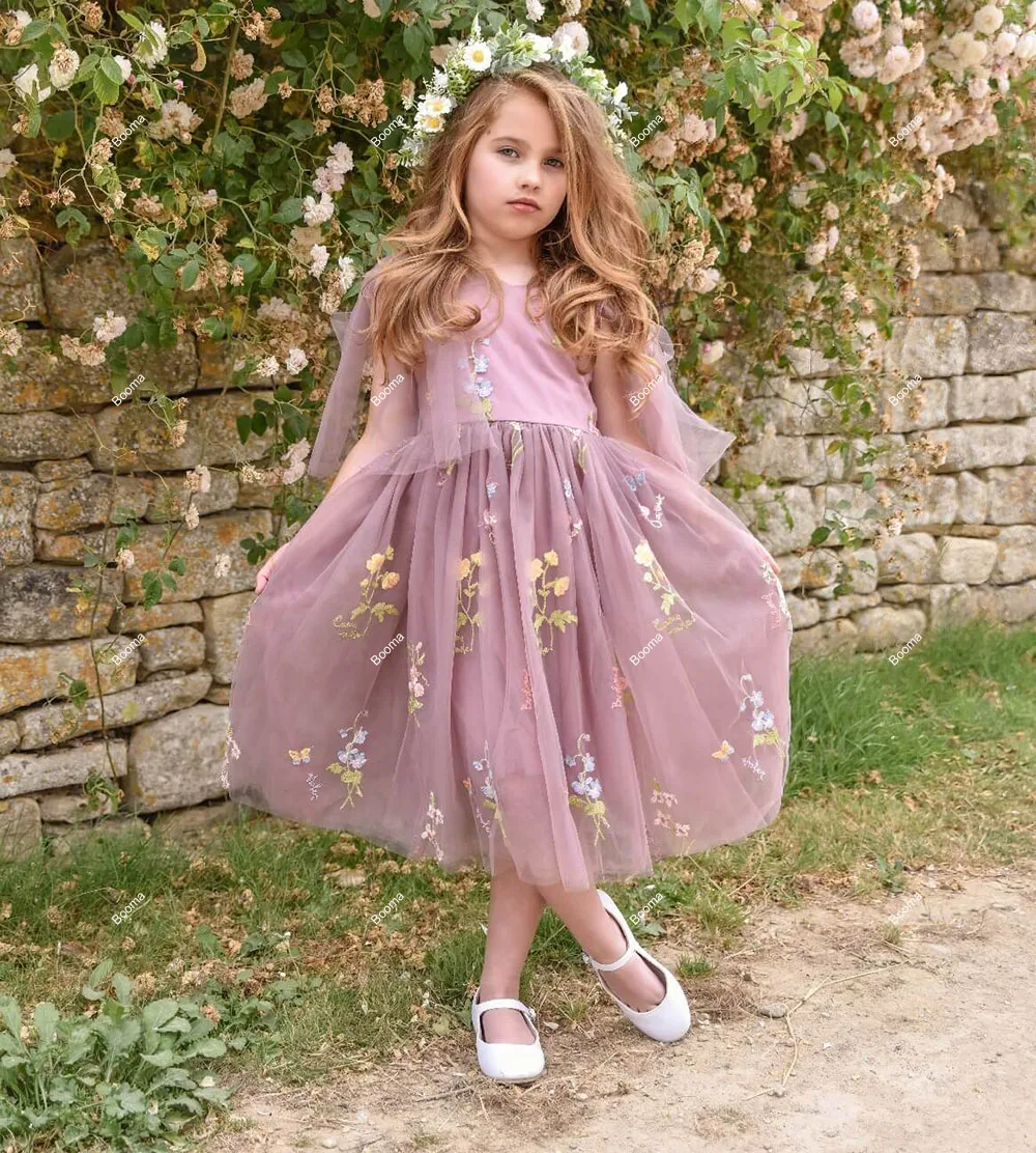 Booma A-Line Flowers Girl Dresses Embroidery Lace Tulle Wedding Party Dress for Kids Girls Prom Gowns Customized