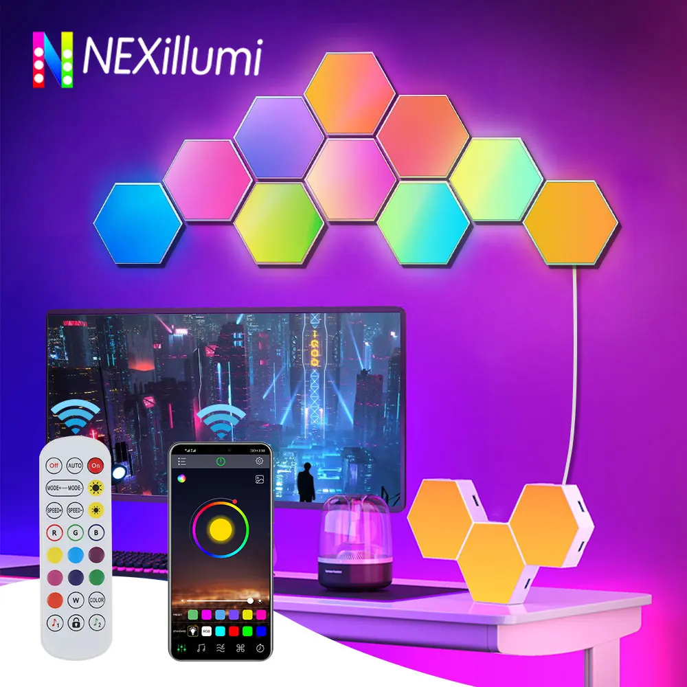 

LED Hexagon Lights, Smart Hexagon Wall Lights App & Remote Control,LED Light Panels Gaming Lights for Wall Music Sync,DIY