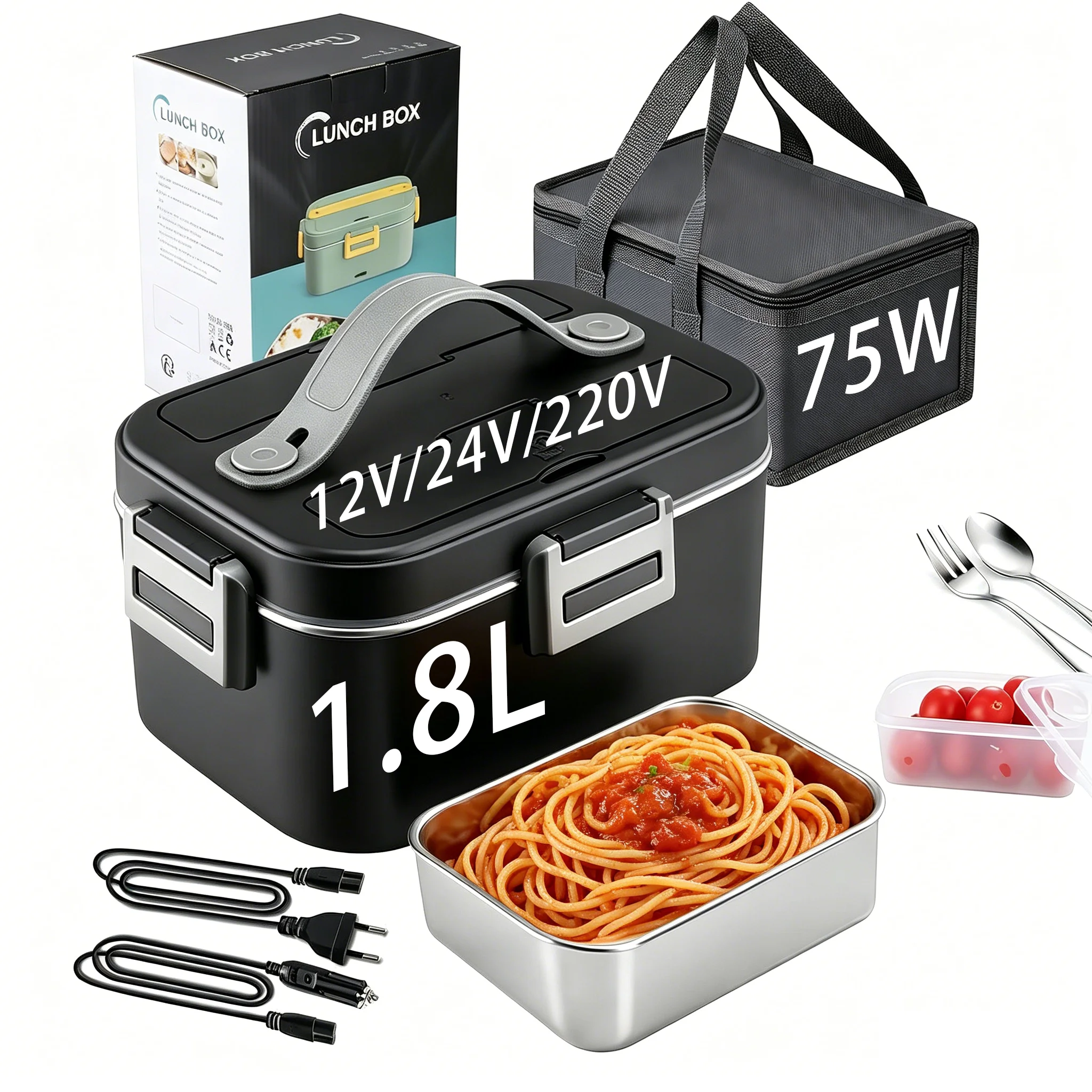 Lonchera Eléctrica de 1.8L y 75W, Calentador de Comida Portátil para Auto o Casa, a Prueba de Fugas, Calentador de Alimentos para Camioneros