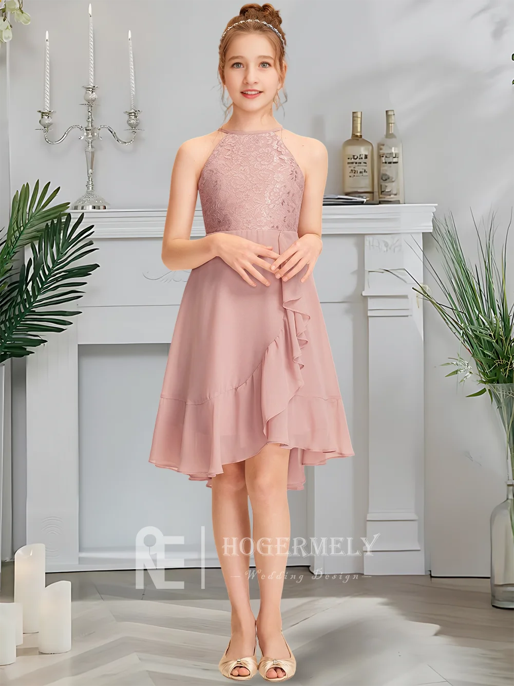 

A Luxurious Halter Junior Bridesmaid Dress Twilight Blush Flower Girl Dress Asymmetrical Chiffon Lace Cascading Ruffles Wedding