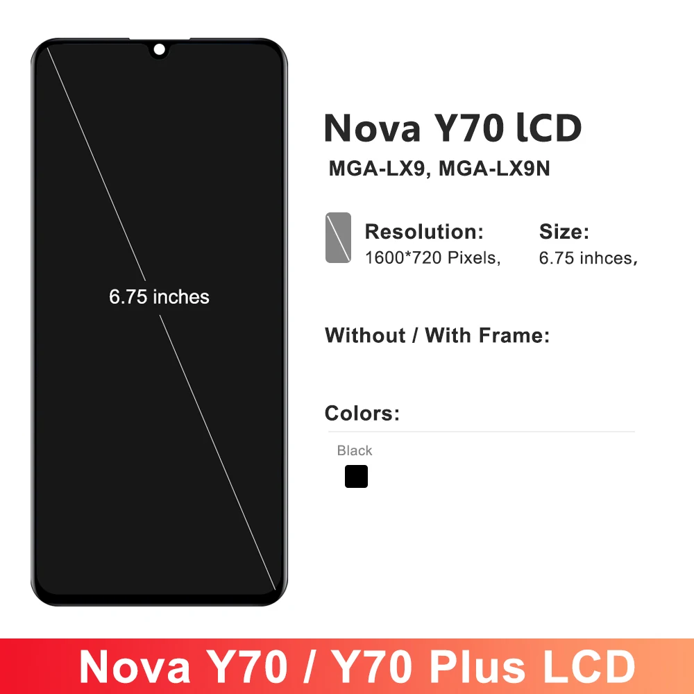 6.75\'\' For Huawei Nova Y70 LCD MGA-LX9 Display Screen Touch Digitizer Assembly For Nova Y70 Plus MGA-LX9N LCD With Frame