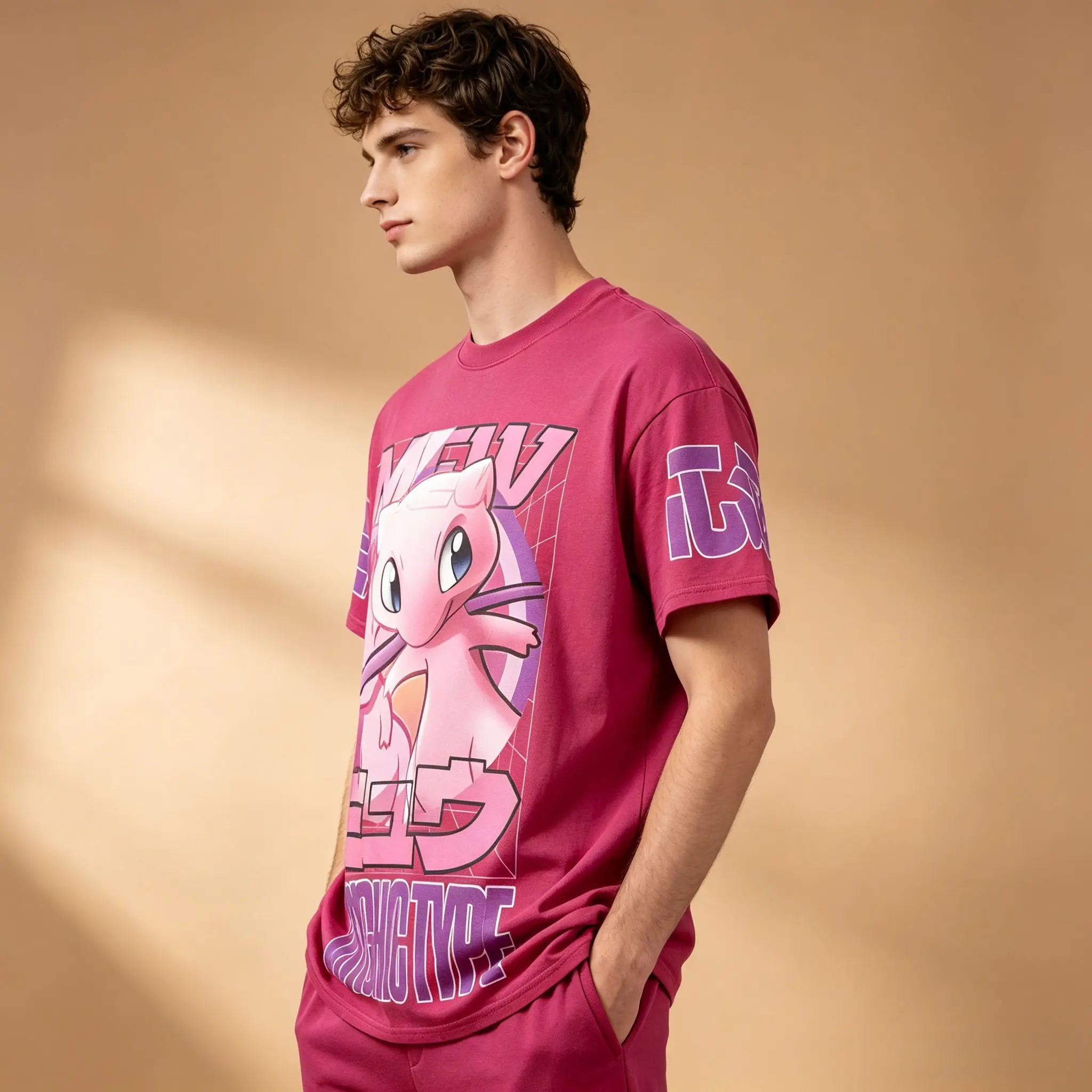 Men's Vintage Anime T-Shirt, Pokemon Mew Psychic Type Retro Grid Manga Poster Print Casual Red Short Sleeve Otaku Top view 5