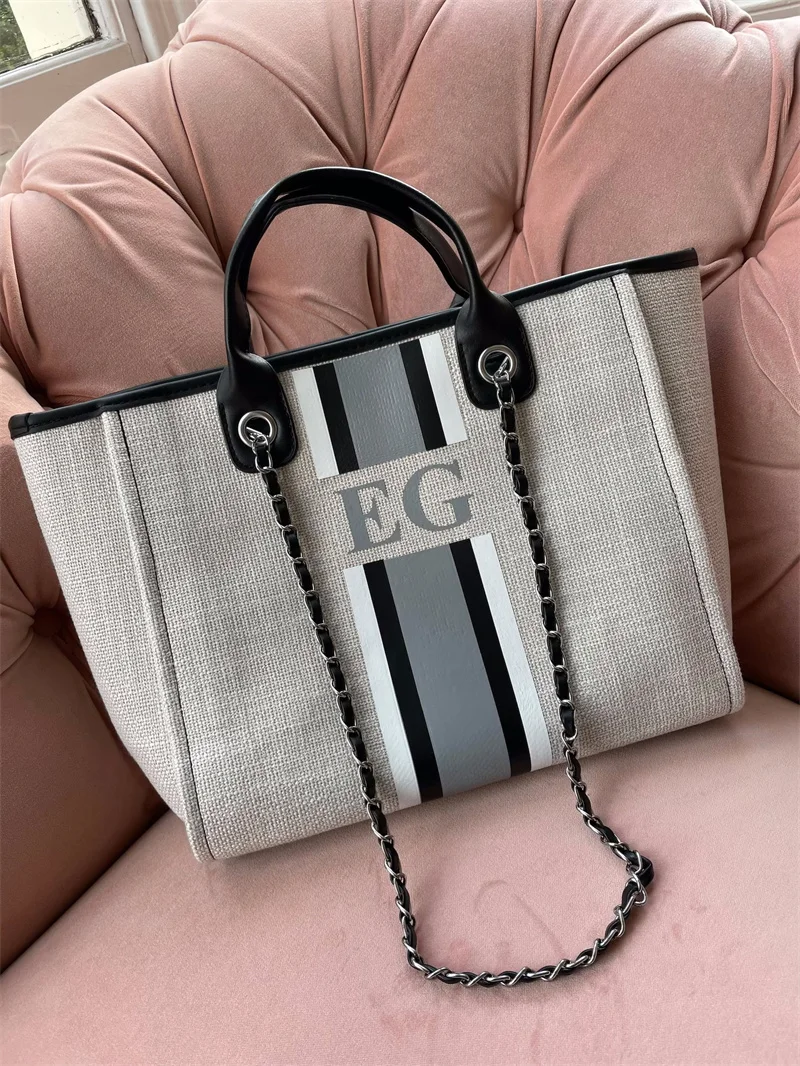 

Personalized Monogram Tote Bag Canvas Customised Grey Beige Black White Chain Handbag Personalise Stripe Woman Shoulder Tote Bag