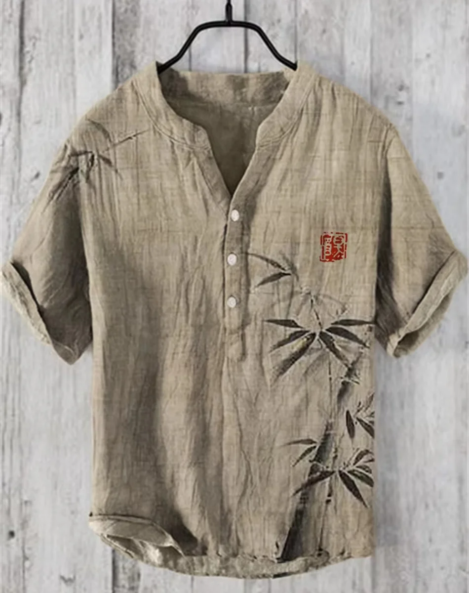 Мужская рубашка с короткими рукавами, высококачественная льняная ткань в стиле ретро, модный мужской наряд в китайском стиле, топ на пуговицах, V-образный вырез
