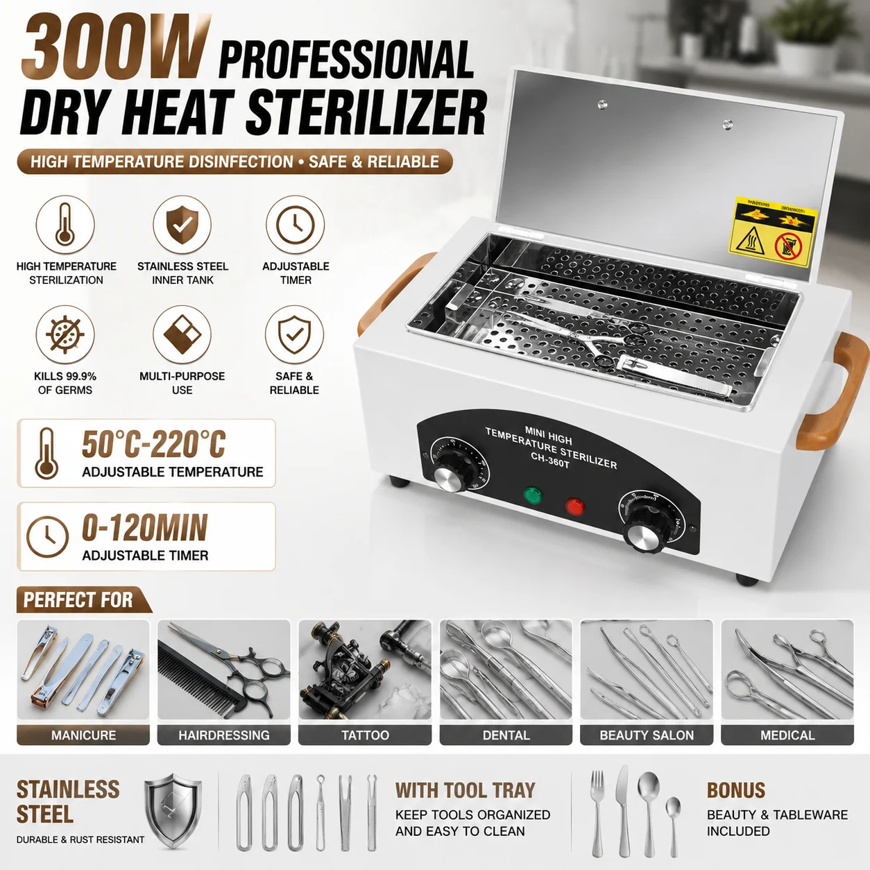 Stérilisateur professionnel à chaleur sèche 300W, boîte de désinfection haute température avec minuterie réglable pour outils de manucure, coiffure, tatouage, esthétique, instruments métalliques