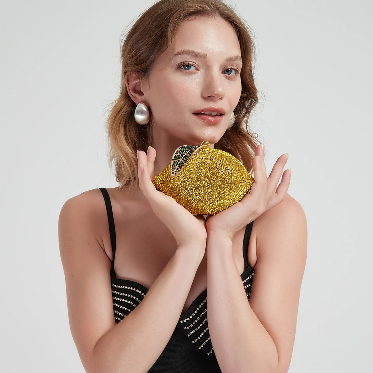 

Women Unique Lemon Shaped Rhinestone Evening Handbag Glitter Crystal Clutch Bag Cocktail Prom Party Purse