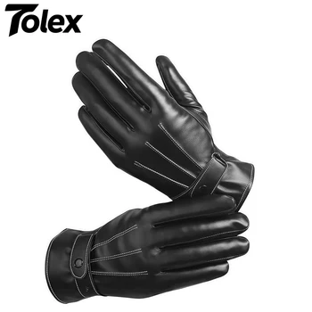 Tolex Men Winter PU Leather Black Gloves Warm Mittens Outdoor Sports Driving Skiing Men's