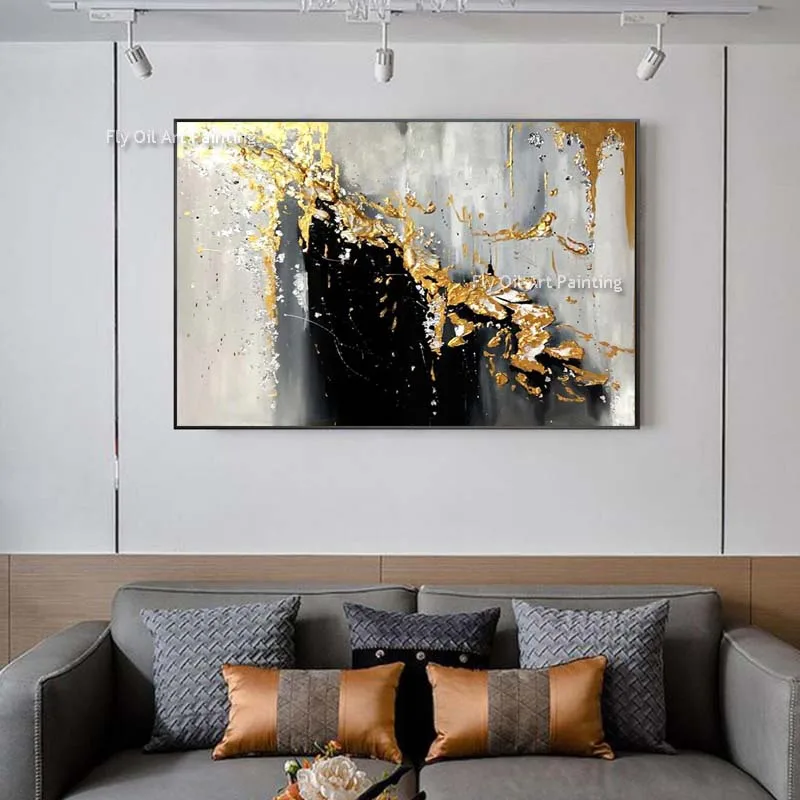 Pure Handpainted Metallic Gold Streak Abstract Oil Painting Heavy Thick Texture Horizontal Wall Canvas Contemporary Office Decor