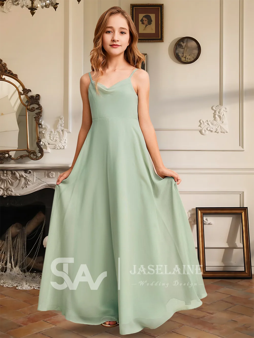 Elegant A-Line Cowl Floor-Length Chiffon Junior Bridesmaid Dress Ivory Flower Girl Dress Girls Party Wedding Formal Occasion