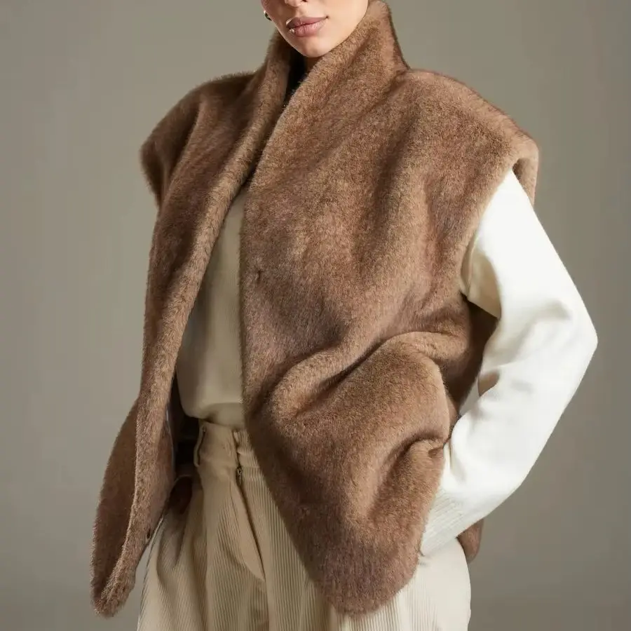 IG26 Women's Sleeveless Furry Vest, Wide Lapel Deep V Neck Adjustable Belt Waist Tie Up Relaxed Loose Fit Pocket Gilet Outer Wai