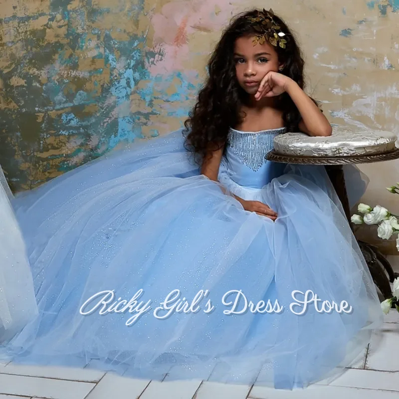 Customized Off Shoulder Princess Flower Girl Dresses For Wedding Blue Tulle Puffy Birthday Party First Communion Pageant Gown