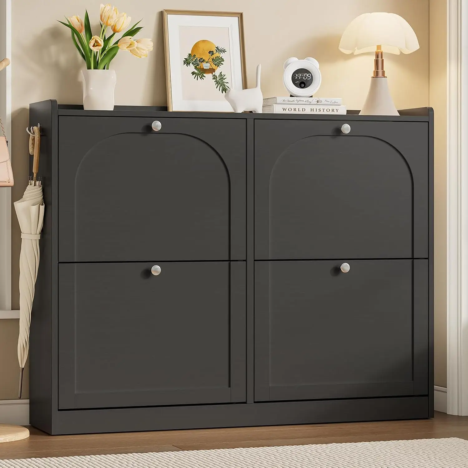 ONBRILL 1-Piece Modern Black Arched Shoe Cabinet, Slim Entryway Shoe Storage Organizer with 4 Flip Drawers, 2 Side Hooks, Top Guardrail, Anti-Tip Kit, Holds 16-24 Pairs, 9.5-Inch Deep for Hallway Apartment
