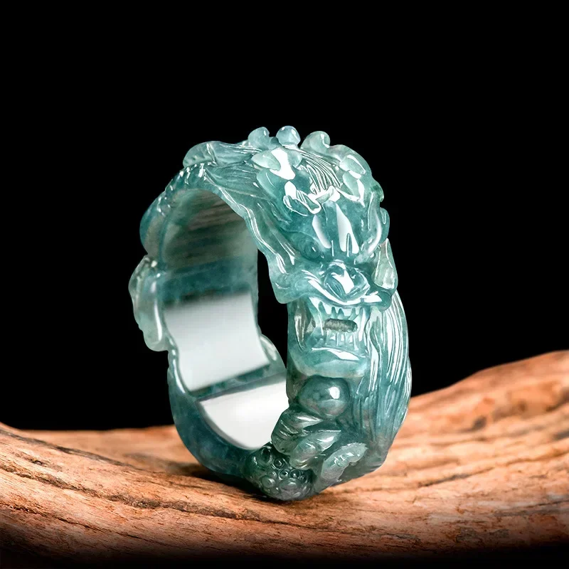 Niebieski birmański jadeitowy pierścionek ze smokiem rzeźbiona prawdziwa biżuteria kamień szlachetny projektant kobiety Vintage Amulet naturalny birmański jadeit talizmany prezent — zdjęcie 2