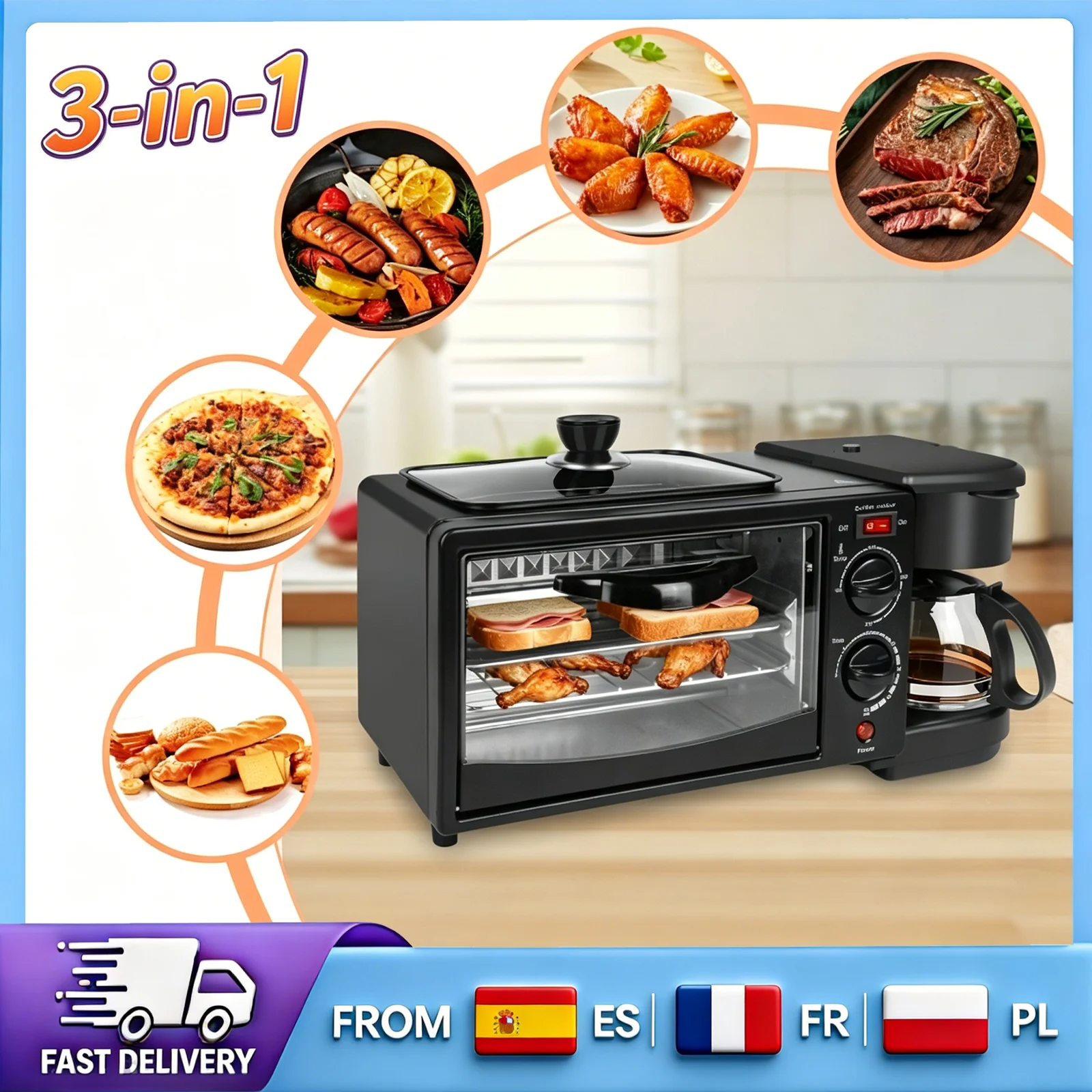 Estación de Desayuno Multifuncional 3 en 1 con Horno de 9L y Cafetera Aislada de 600ml, Control Independiente, Electrodoméstico de Cocina