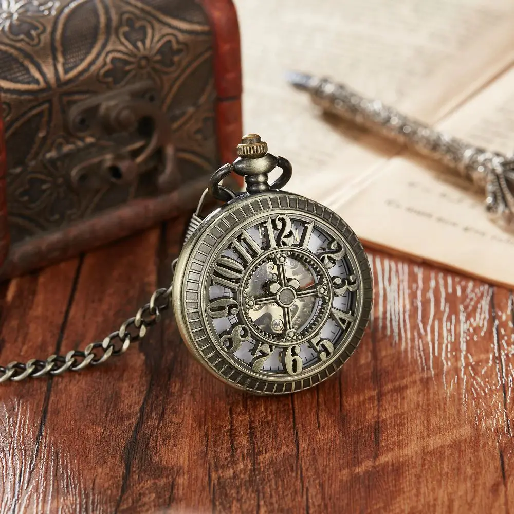 

Bronze Hollow Arabic Numerals Design mechanical Pocket Watch Sweater Chain Pendant Necklace Pendant Clock Gifts Men Women